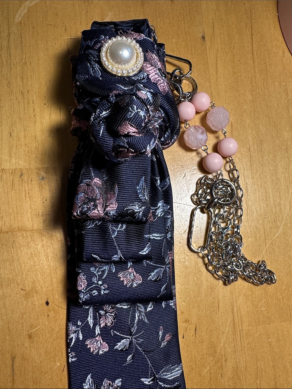 Bar III Silk Necklace Tie in Navy with Pink Floral Design